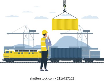 An employee is loading a container onto a freight train. Vector illustration.