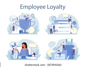 Employee loyalty concept set. Staff management, empolyee development and adaptation program. Personnel mativation and remuneration. Flat vector illustration