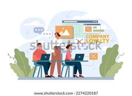 Employee loyalty. Employee loyalty, motivation and performance growth. Staff management, development and adaptation program. Personnel mativation and remuneration. Flat vector illustration