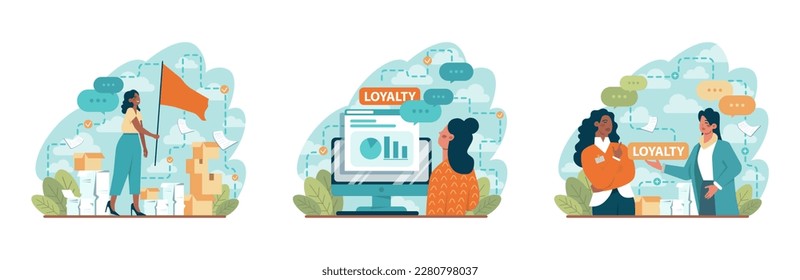 Employee loyalty set. Employee loyalty, motivation and performance growth. Staff management, development and adaptation program. Personnel mativation and remuneration. Flat vector illustration