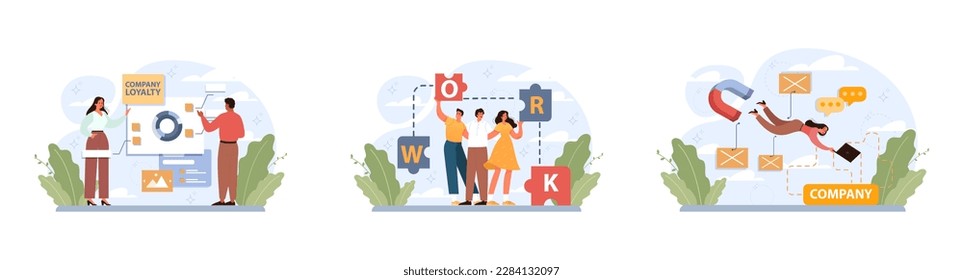 Employee loyalty set. Employee loyalty, motivation and performance growth. Staff management, development and adaptation program. Personnel mativation and remuneration. Flat vector illustration