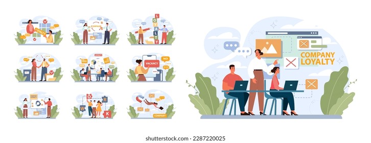 Employee loyalty set. Employee loyalty, motivation and performance growth. Staff management, development and adaptation program. Personnel mativation and remuneration. Flat vector illustration