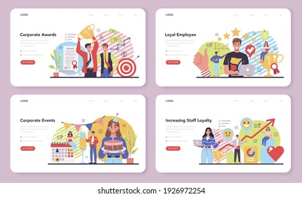 Banner web de fidelización de empleados o conjunto de páginas de inicio. Cultura corporativa y relaciones. Gestión del personal, desarrollo de los empleados. Movilización de personal y remuneración. Ilustración vectorial plana