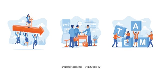  Employee Making concept. Paving the way to success. Negotiation process during the meeting. Connect the blocks with the word TEAM.  set flat vector modern illustration 