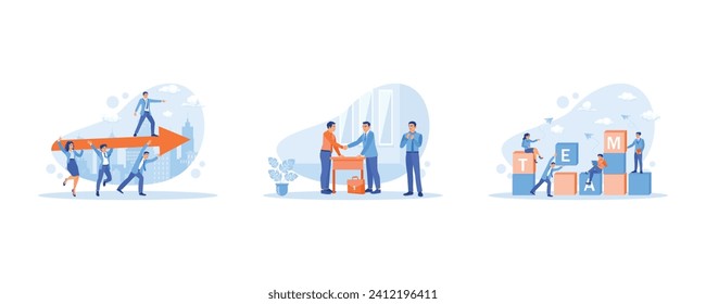 Employee Making concept. They are paving the way to success. Make a mutual agreement after successful negotiations. Arrange the letter blocks to form the word TEAM. 