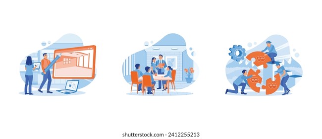 Employee Making concept. Two employees created the interior design. Coworkers have a meeting. Teamwork and work motivation. set flat vector modern illustration 