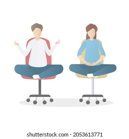 Employee male and female meditate sit on chair in company office,produce mindfulness mind body,relax and focus attention prevent stress from work process,health emotional benefits,Vector illustration.