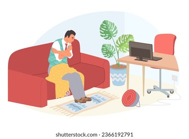 Employee male worker trying to keep warm in unheated office scene. Businessman sitting under blanket on sofa using heater vector illustration. Wrong unhealthy condition at workplace