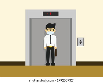 Employee man in elevator with applying safety protocol. Social distancing protocol illustration.