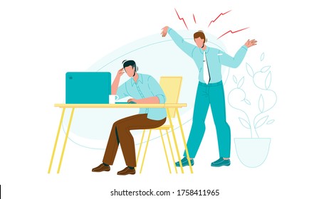 Employee Man Exhausted By Boss Screaming Vector. Tired Guy Sitting At Table And Holding Head Suffers From Headache, Depressed Or Exhausted By Loud. Characters Flat Cartoon Illustration