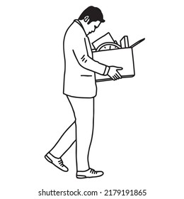 Empleado despedido del trabajo sosteniendo una caja de pertenencias personales. El desempleo, la crisis económica, la crisis económica, el desempleo, el despido del concepto después de la ilustración vectorial de brotes pandémicos covid-19