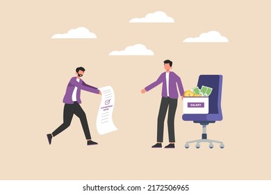 Employee man got their work completed and receive salary from his boss. Human resources concept. Colored flat graphic vector illustration isolated.