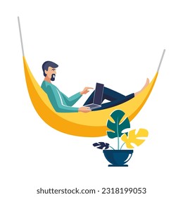 An employee man lies in a hammock, a freelancer works at home on a laptop. Work at home, coworking, concept illustration. People are isolated, self-employed. Active recreation, work.Vector, flat style