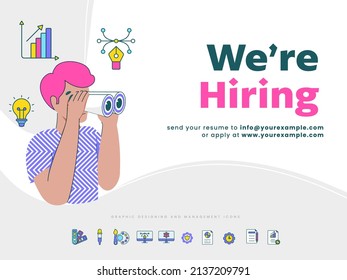 Employee Man Looking New Member To Join The Team On White Background. We're Hiring, Job Vacancy Poster Design.