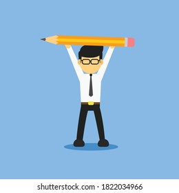 Employee man raises pencil, vector illustration