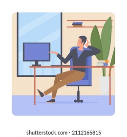 Employee man sitting at office table with computer. Organizing and coordinating administrative operations flat vector illustration