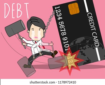 Employee man uses hammer hit card with regret. cartoon vector illustration.