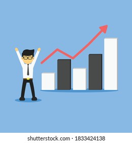Employee man vector with diagram isolated in blue background. Vertical rise on diagram. Business concept for successful.