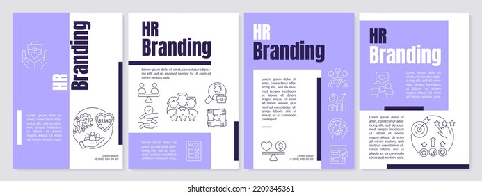 Employee management brand purple brochure template. HR value. Leaflet design with linear icons. Editable 4 vector layouts for presentation, annual reports. Anton, Lato-Regular fonts used
