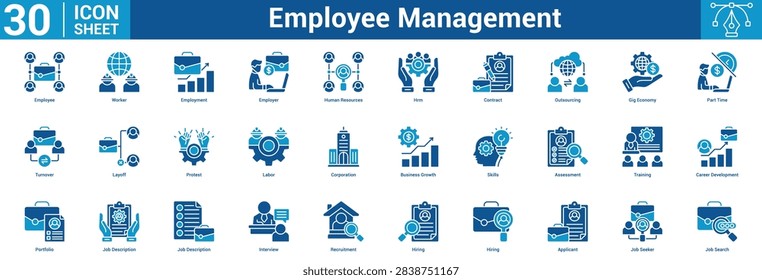 Employee Management editable icon set vector illustration concept for business with icon of Employee, Worker, Employment, Employer, Human Resources, Hrm, Contract, Outsourcing, Gig Economy, Part Time.