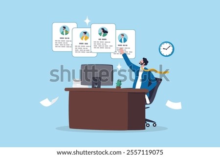 Employee management system, attendance or candidate analysis, customer management system, CRM or recruitment applicant system concept, businessman manage people with employee online application.