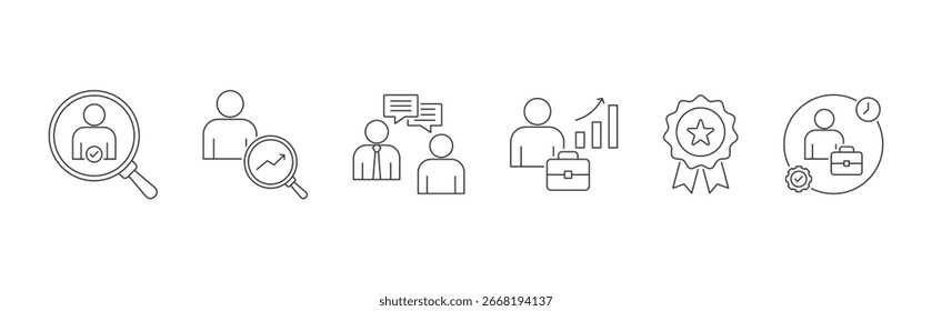 Mitarbeitermanagement-Vektorsymbol-Set mit dem Icon-Illustrator für die Einstellung, Überwachung, Interaktion, Entwicklung, Belohnung und Disziplinierung