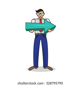 Employee or manager with big arrow in hands. Human with pointer. Vector