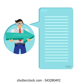 Employee or manager with big arrow in hands. Human with pointer. Thinking list. Template or blank with business concept. Vector