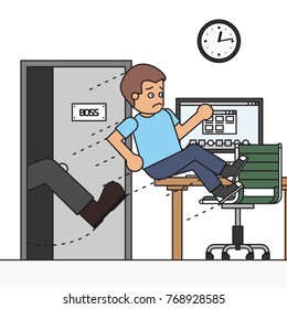 The employee or manager throw a kick out of the office. Boss dismisses employee.  Vector background.