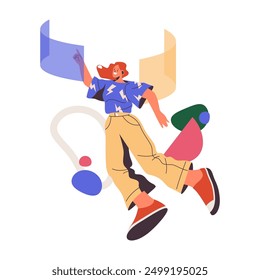 Employee or manager working on project tapping on futuristic screen, flat cartoon vector illustration. Isolated abstract female character with documents working in office of future