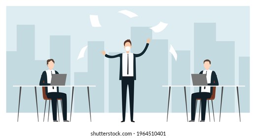 Employee in mask scattering documents. Conflict in office. Vector illustration.