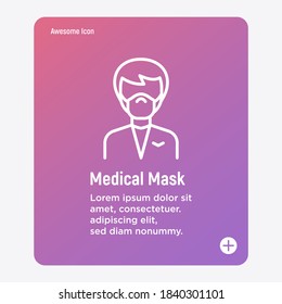 Employee in medical mask, protection from airborne disease, coronavirus, grippe. Thin line icon. Medical equipment. Modern vector illustration.