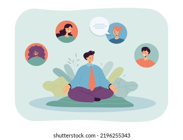 Employee meditating in lotus pose flat vector illustration. Office worker sitting with closed eyes and relaxing. Yoga, balance, concentration concept for banner, website design or landing web page