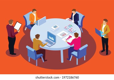 Employee meeting with a round table and office equipment on an orange background. Company meetings and brainstorming. vector of people having a meeting while sitting around a round table