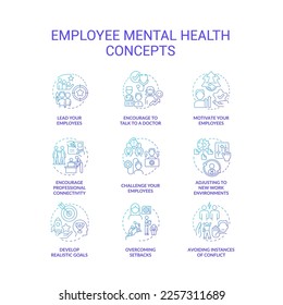 Conjunto de iconos de concepto de gradiente azul de salud mental para empleados. Flexibilidad de la fuerza laboral. Ilustraciones de color de líneas delgadas para el entorno de trabajo de cuidado. Símbolos aislados. Fuentes Roboto-Medium, Myriad Pro-Bold utilizadas