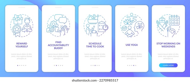 Employee mental health blue gradient onboarding mobile app screen. Walkthrough 5 steps editable graphic instructions with linear concepts. UI, UX, GUI template. Myriad Pro-Bold, Regular fonts used