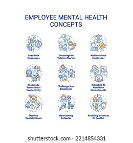 Employee mental health concept icons set. Workers resilience. Caring work environment idea thin line color illustrations. Isolated symbols. Editable stroke. Roboto-Medium, Myriad Pro-Bold fonts used