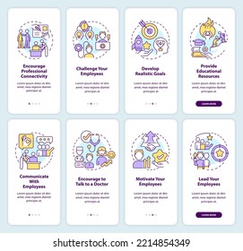 Employee mental health onboarding mobile app screen set. Leadership walkthrough 4 steps editable graphic instructions with linear concepts. UI, UX, GUI template. Myriad Pro-Bold, Regular fonts used