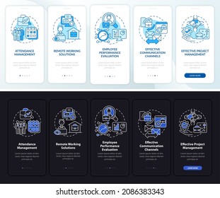 Employee monitoring pros dark, light onboarding mobile app page screen. Work walkthrough 5 steps graphic instructions with concepts. UI, UX, GUI vector template with night and day mode illustrations