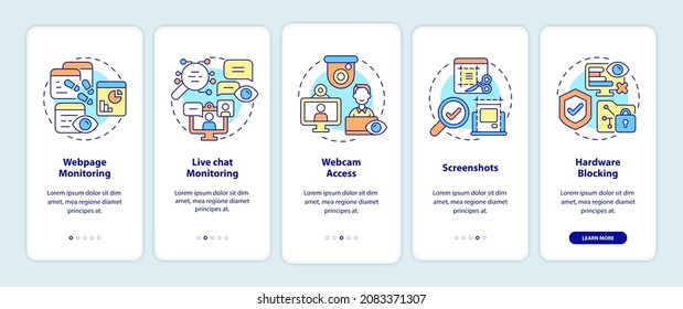 Employee monitoring software features onboarding mobile app page screen. Work control walkthrough 5 step graphic instructions with concepts. UI, UX, GUI vector template with linear color illustrations