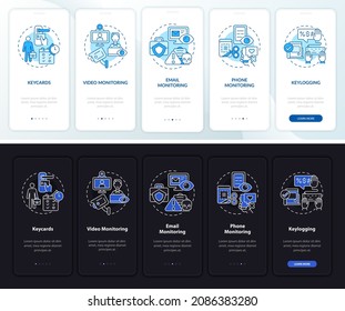 Employee monitoring types dark, light onboarding mobile app page screen. Work walkthrough 5 steps graphic instructions with concepts. UI, UX, GUI vector template with night and day mode illustrations