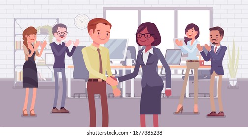 Employee of month, announcement and office boy awarding. Company worker gets reward, acknowledged in front of colleagues, praise for job, business performance. Vector flat style cartoon illustration