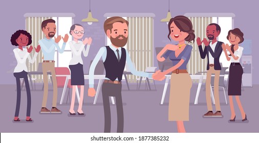 Employee of month, announcement and office girl awarding. Company worker gets reward, acknowledged in front of colleagues, praise for job, business performance. Vector flat style cartoon illustration