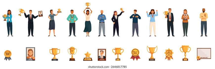  Employee month award icons set. Proud managers and workers celebrating their achievements with trophies and framed certificates, recognizing excellence and success in business