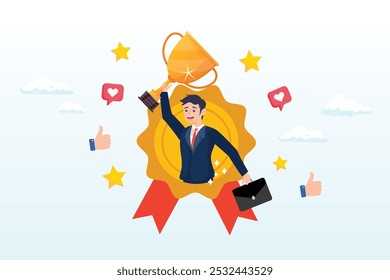 Employee of the month award winner, high performance champion, gold medal reward, success or victory recognition prize, leadership or achievement concept, success businessman holding trophy badge