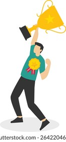 Employee of the month award winner, high performance champion, gold medal reward, success or victory recognition prize, leadership or achievement concept, success businessman holding trophy badge stoc