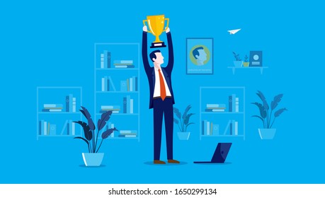 Employee Of The Month - Business Man Holding A Trophy Over His Head In The Office. Winner, Success, Best Worker, Man Of The Year Concept. Vector Illustration.