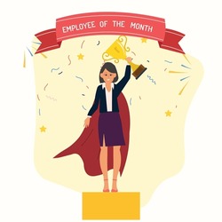 Employee Of The Month Concept. Best Worker Year Reward. Top Employee Medal Award. Business Contest Symbol. Prize Congratulation Corporate Loyalty Office Winner Cup Job Achievement Vector Illustration