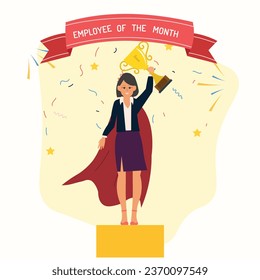 Employee of the month concept. Best worker year reward. Top employee medal award. Business contest symbol. Prize congratulation Corporate loyalty Office winner cup Job achievement Vector illustration