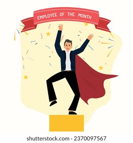 Employee of the month concept. Best worker year reward. Top employee medal award. Business contest symbol. Prize congratulation Corporate loyalty Office winner cup Job achievement Vector illustration
